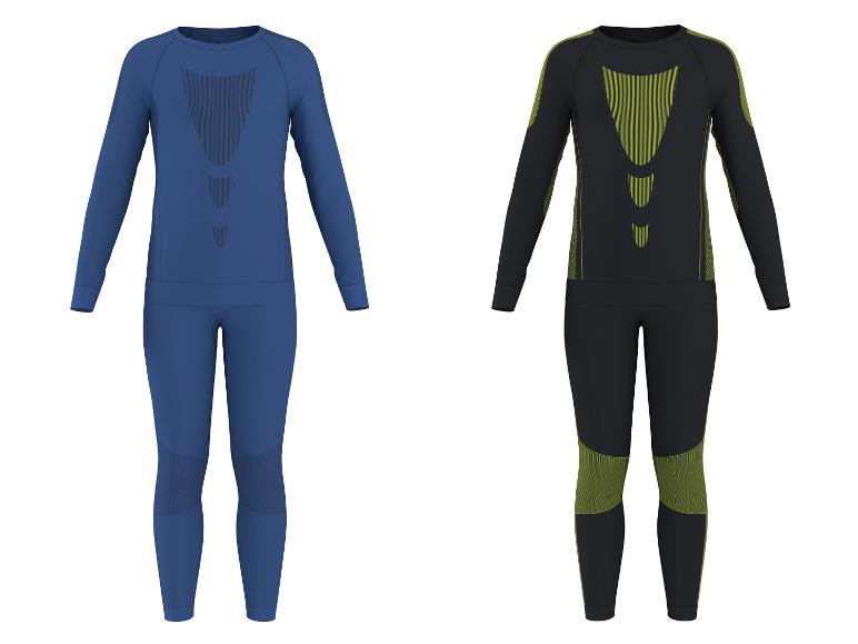 Zwei Sets Herren-Thermo-Unterwäsche, eines in Blau und eines in Schwarz mit grünen Akzenten.