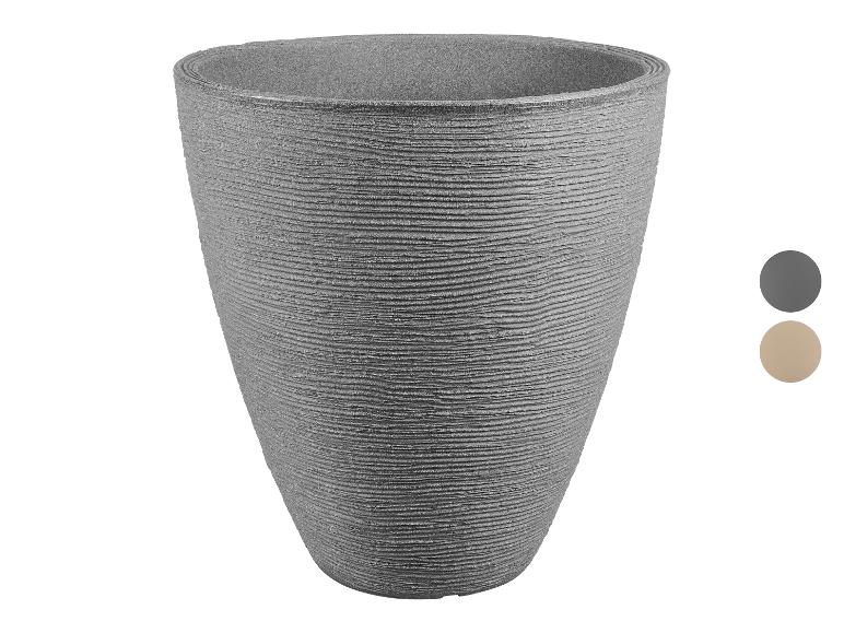 Grauer strukturierter Blumentopf mit dezentem Rillenmuster, gezeigt mit Farbmustern.