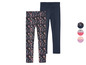 Zwei Leggings für Mädchen, eine mit Blumenmuster und eine in unifarbenem Dunkelblau.