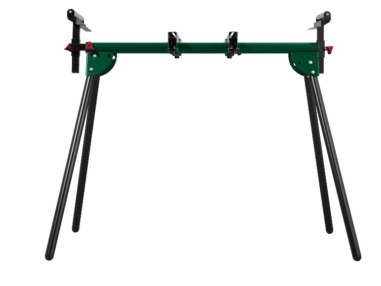 Grüner klappbarer Werktisch mit verstellbaren Halterungen.