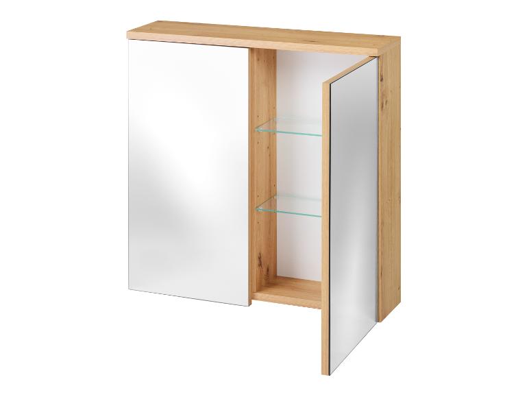 Spiegel-Wandschrank aus Holz mit zwei Glasböden, eine Tür offen.