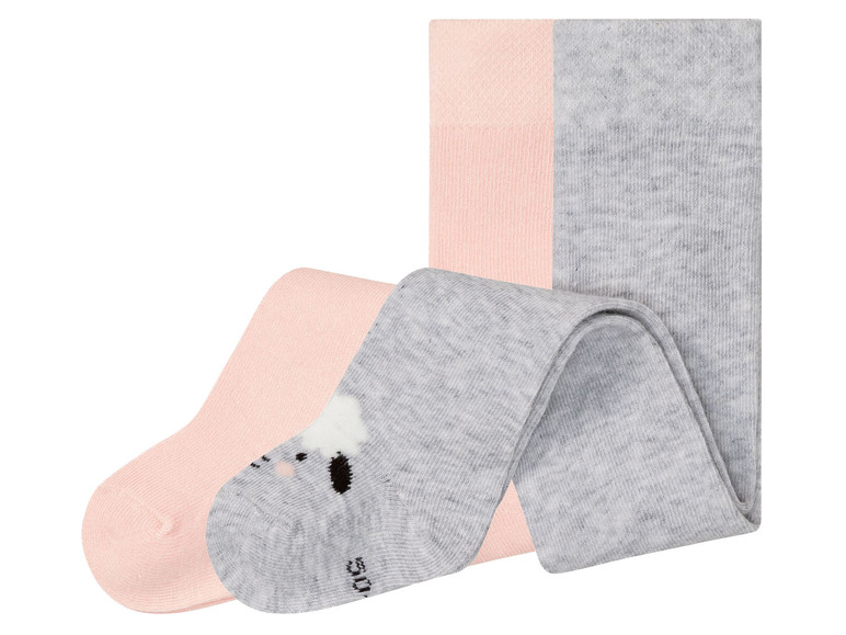 Zwei Paar Kniestrümpfe für Babys, ein Paar rosa und ein Paar grau mit einem Schafmotiv.