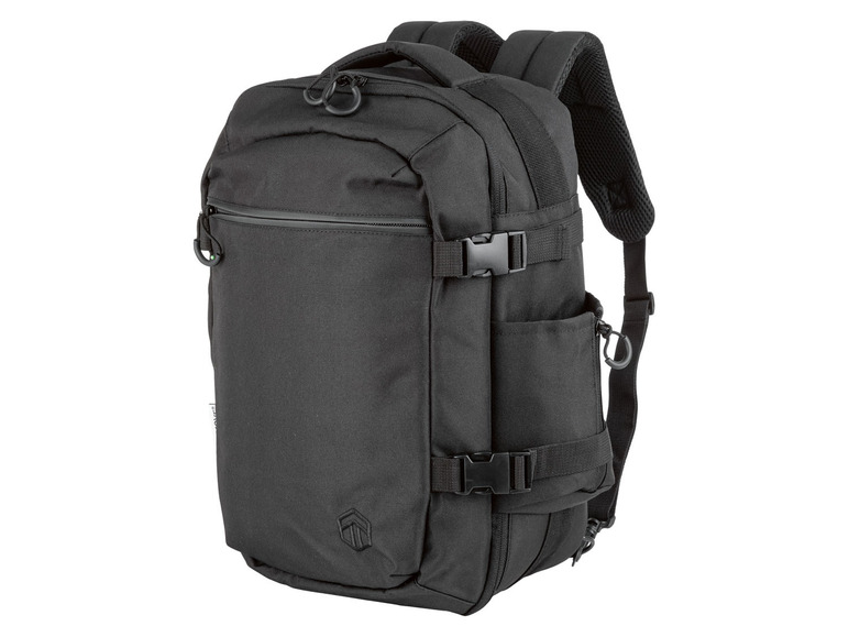 Ein schwarzer Rucksack mit mehreren Taschen und Schnallen.