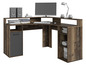 Ein Holz-Eck-Schreibtisch mit einem Computer, zwei Lautsprechern und einer Schreibtischlampe.