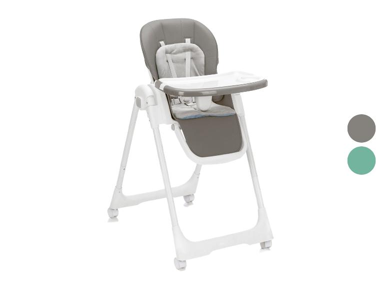 Grauer und weißer Hochstuhl mit abnehmbarem Tablett und Sicherheitsgurt.