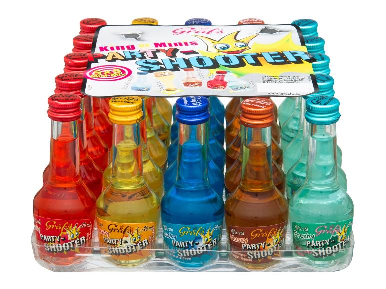 Gräfs Party Shooter King of Minis, 25 Likör-Shots in verschiedenen Farben und Geschmacksrichtungen.