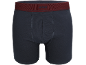 Dunkelblaue Herren-Boxershorts mit bordeauxrotem Bund und dekorativem Text.