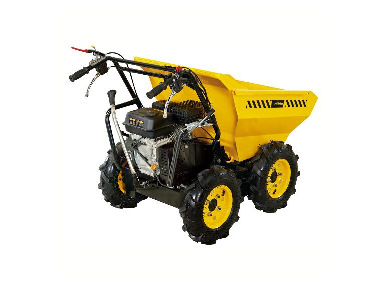 Gelber Güde Vierrad-Motorkarren mit Motor und Mulde.