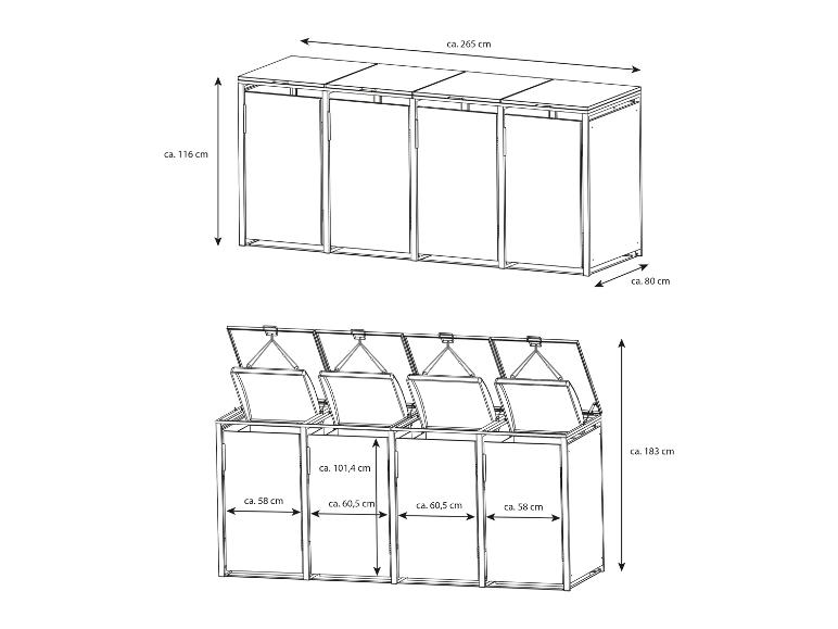 PLATS® Mülltonnenbox mit Maßen: 265x80x116 cm und 265x58x183 cm