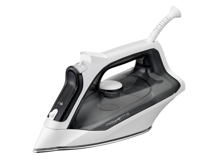 Weißes Dampfbügeleisen mit schwarzen und transparenten Elementen, schräg dargestellt.