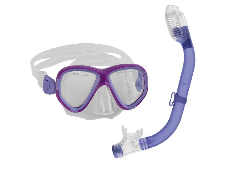 Lila Tauchmaske und Schnorchel: Tauchausrüstung mit gehärtetem Glas.