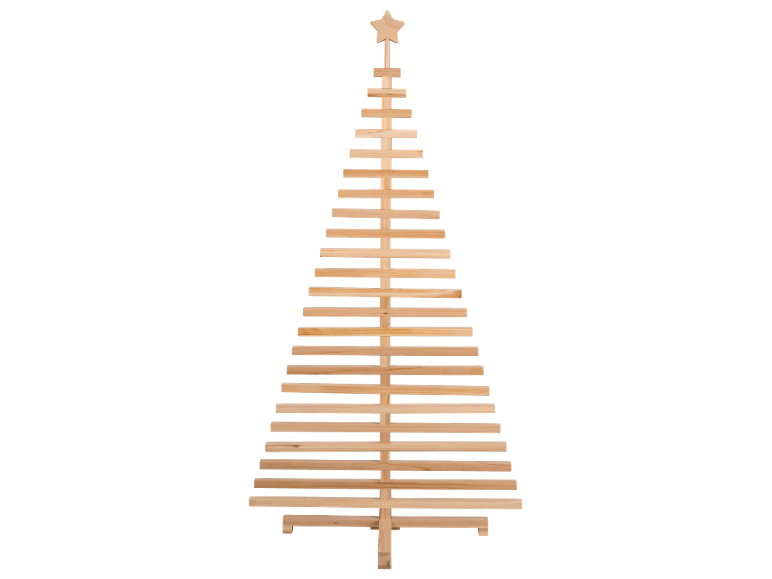Minimalistischer Weihnachtsbaum aus Holz mit einem Stern an der Spitze