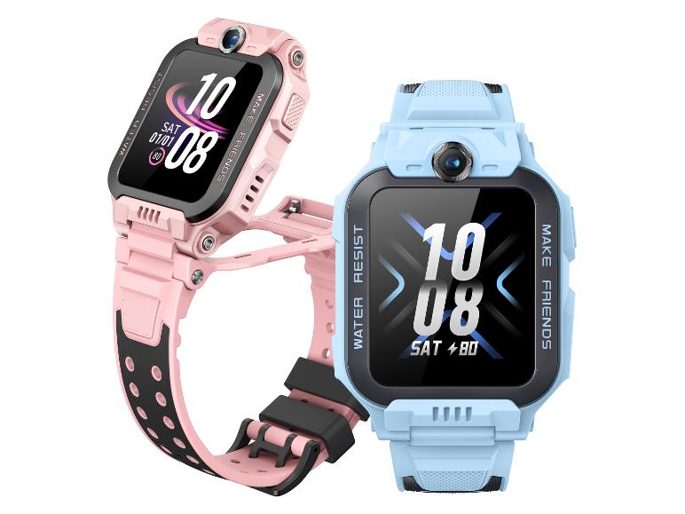 Zwei Kinder-Smartwatches, eine rosa und eine blaue, die Uhrzeit und Datum anzeigen.
