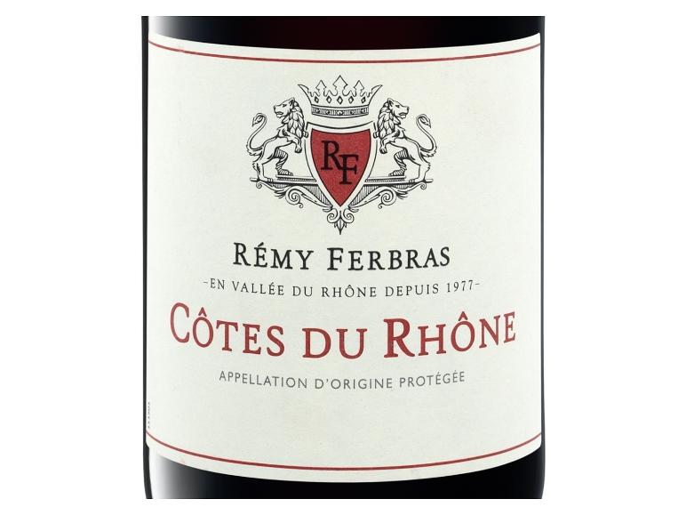Rémy Ferbras Côtes du Rhône Weinetikett, mit Löwen- und Kronenwappen.