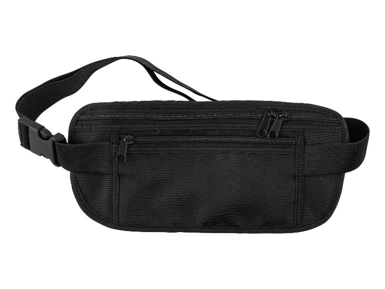 Schwarze Bauchtasche mit mehreren Reißverschlussfächern.