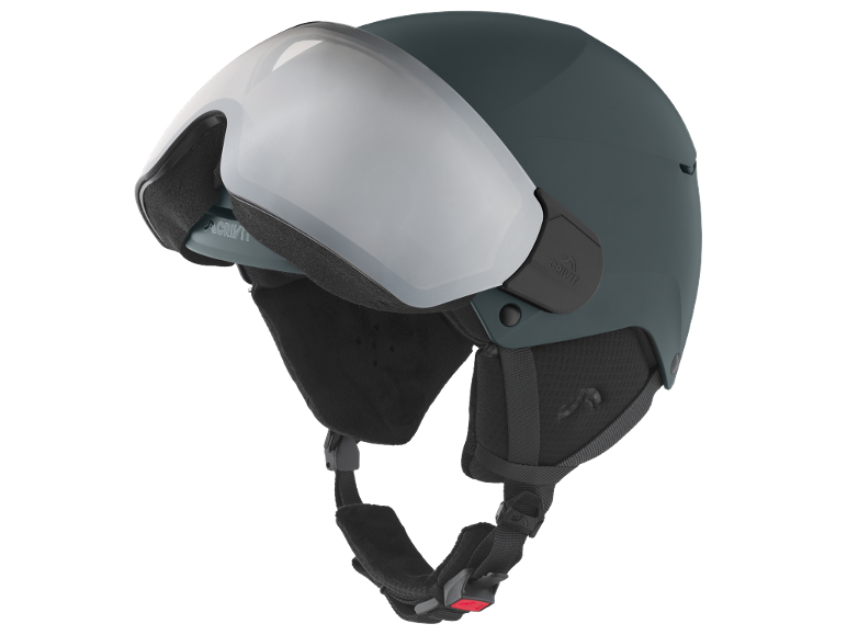 Blaugrauer Skihelm mit silbernem Visier und schwarzen Riemen.