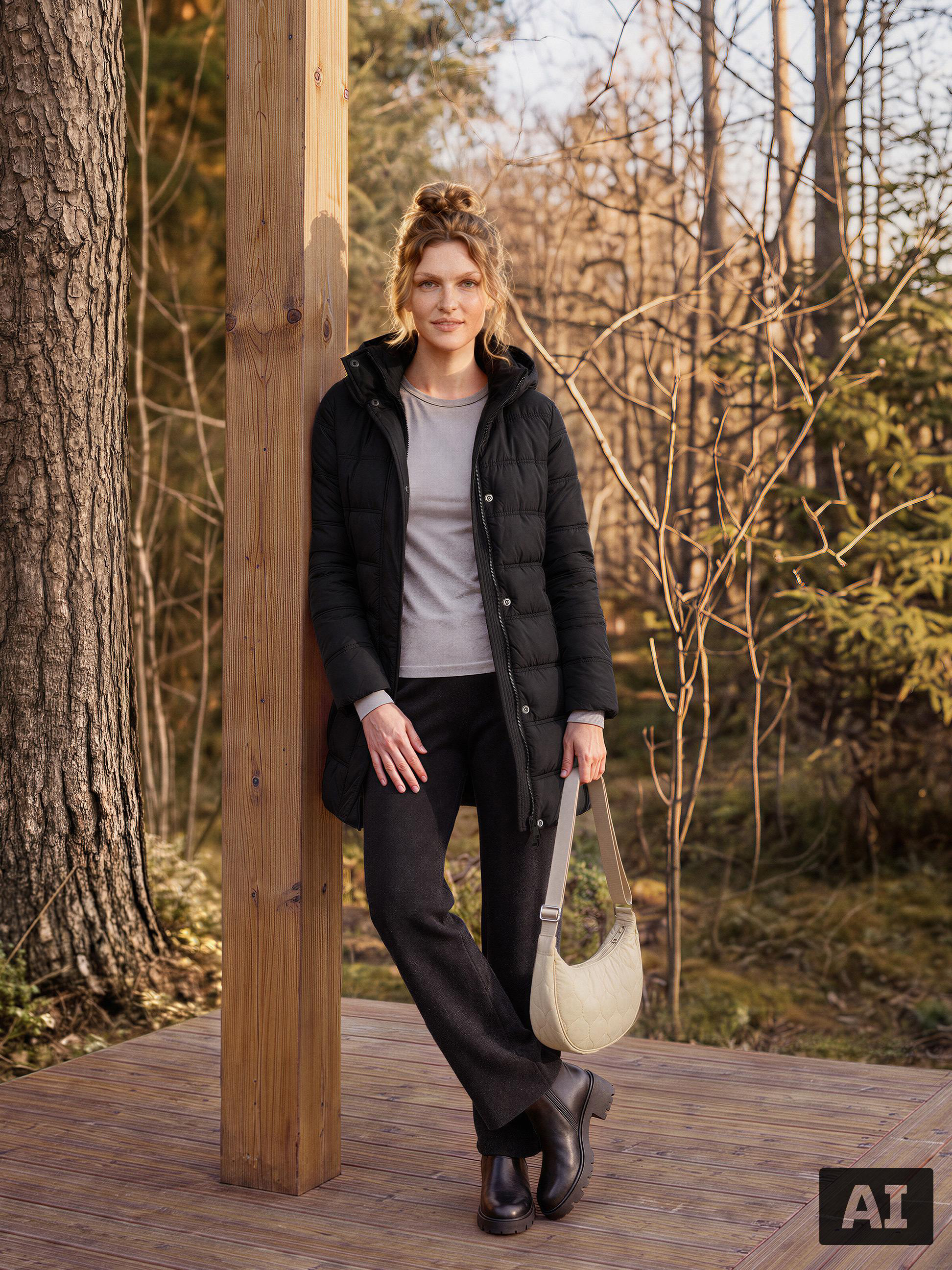 Frau in schwarzer Steppjacke, grauem Shirt und dunkler Hose in der Natur.