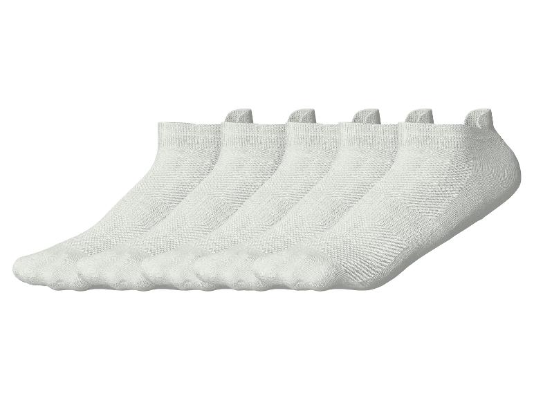 Fünf Paar weiße, sportliche Sneaker-Socken, in einer Reihe angeordnet.