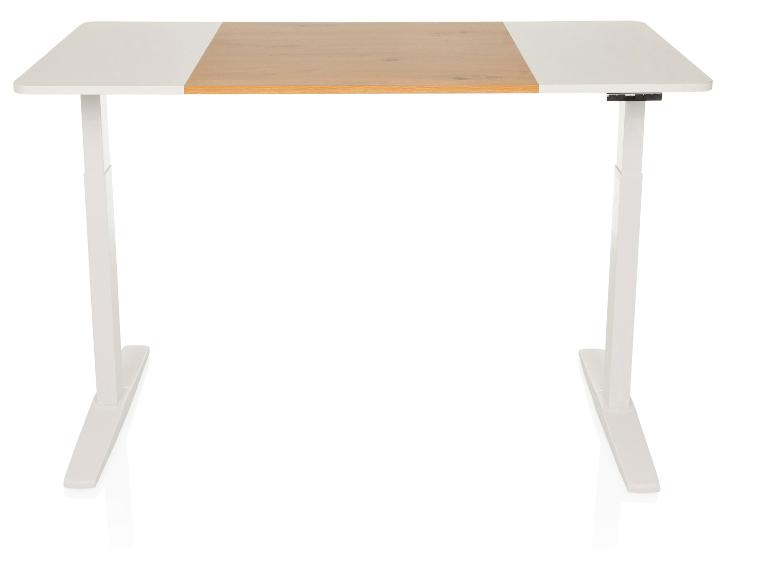 Weißer höhenverstellbarer Schreibtisch mit einer Holzmittelplatte.