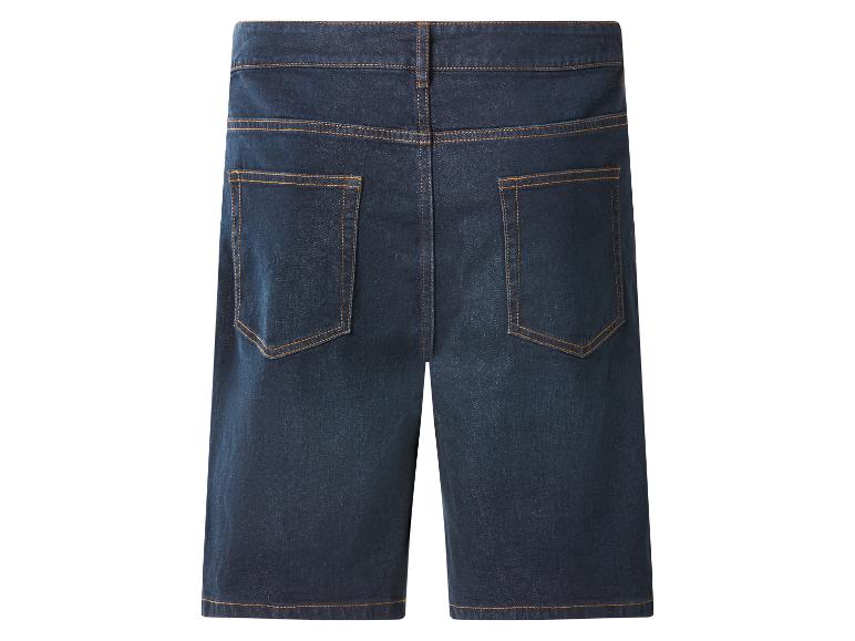 Dunkelblaue Jeans-Shorts mit orangefarbenen Nähten, Rückansicht