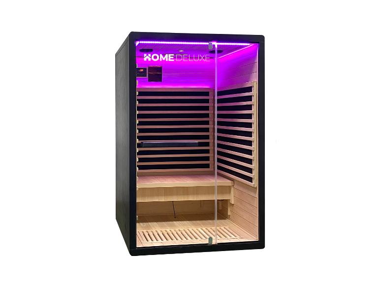 Infrarotsauna mit Holzinterieur, Glastür und violetter Beleuchtung.