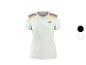 Weißes Damen-Sport-T-Shirt mit schwarzen, roten und gelben Streifen auf den Schultern.