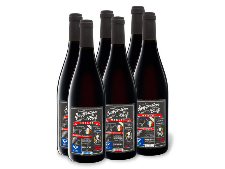 6 x 0,75-l-Flasche Weinpaket IGP Merlot d\'Oc Rotwein Pays trocken, Suggestion du Chef