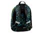 Schwarzer Rucksack mit blauen und gelben Videospiel-Controller-Mustern, Rückansicht.