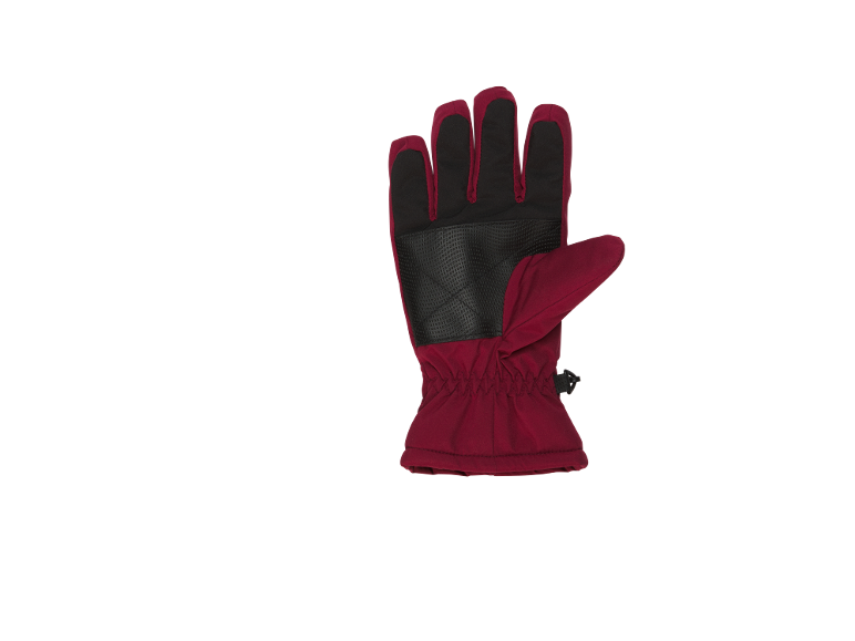 Roter Skihandschuh mit schwarzen Einsätzen und rutschfester Handfläche.