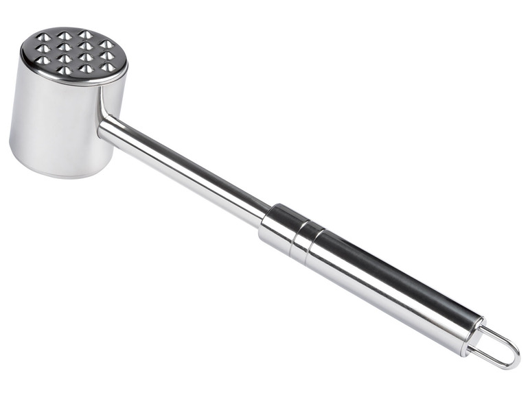Ein Fleischhammer aus Edelstahl mit einer geprägten Oberfläche.