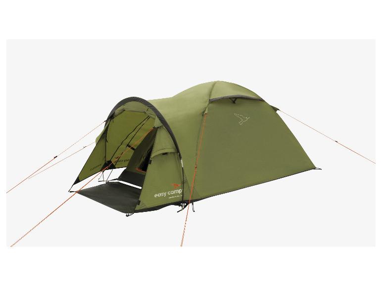 Ein grünes Easy Camp-Zelt mit einem ausziehbaren Vorderteil.