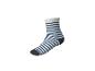 Einzelner gestreifter Socken mit blauen und weißen Querstreifen, dunkelblauer Spitze und Ferse