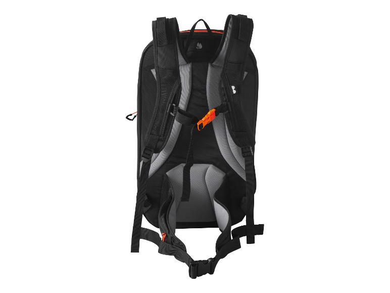 Schwarzer Rucksack mit orangefarbenen Schnallen und grauer Polsterung.