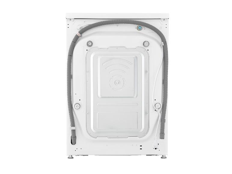 Weiße Rückseite einer Waschmaschine mit sichtbaren Schläuchen und Kabeln