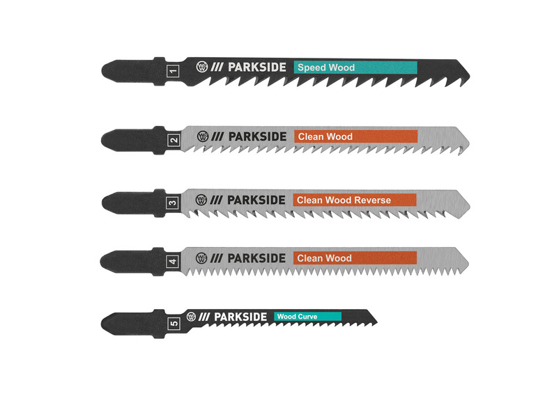 Sägeblätter für Holz von Parkside: Speed Wood, Clean Wood, Clean Wood Reverse, Clean Wood und Wood Curve.