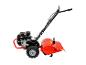 Rote und schwarze Gartenfräse mit starkem Motor und großen Rädern, Seitenansicht.