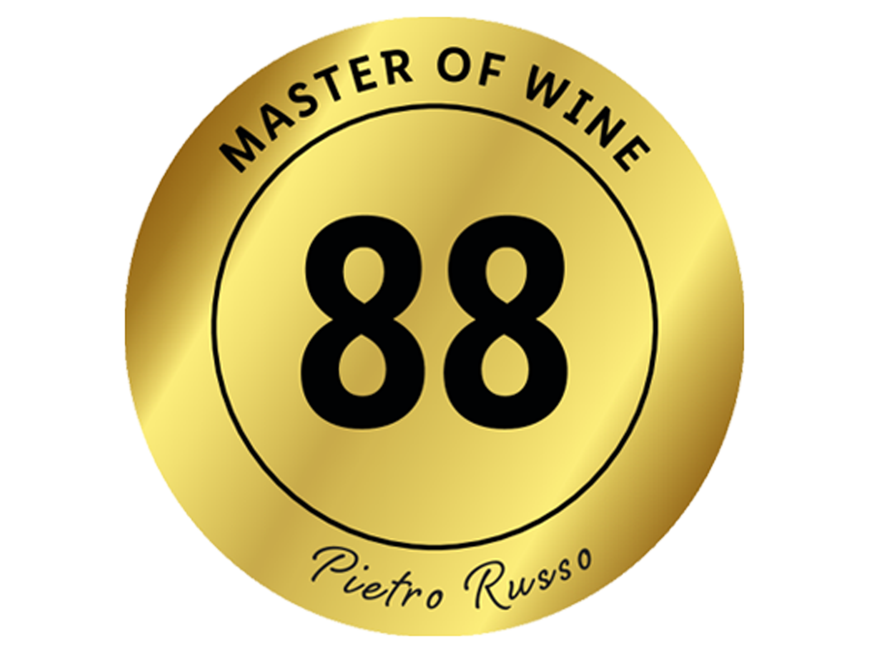 Goldenes Siegel mit dem Text „MASTER OF WINE“ und „Pietro Russo“ sowie der Zahl 88.