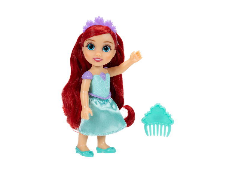 Ariel-Puppe mit rotem Haar, blauem Kleid und lila Tiara, daneben ein blauer Kamm.