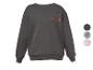 Dunkelgraues Kinder-Sweatshirt mit orangefarbenem Elefantenmotiv, erhältlich in verschiedenen Farben und Mustern.