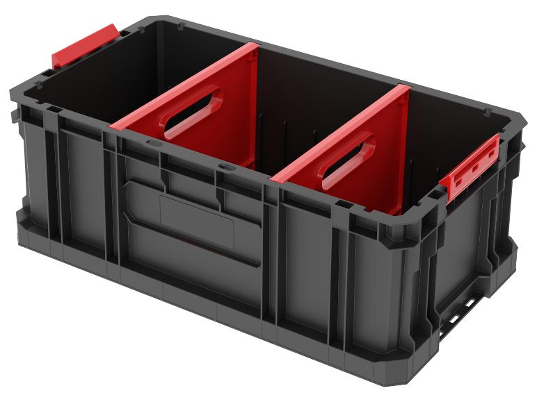 Schwarze Aufbewahrungsbox mit roten Trennwänden zur Organisation von Werkzeugen oder Kleinteilen.