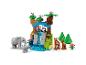 Lego Duplo Wildtier-Set mit Elefanten, Pandas und Hirschen an einem Wasserfall.