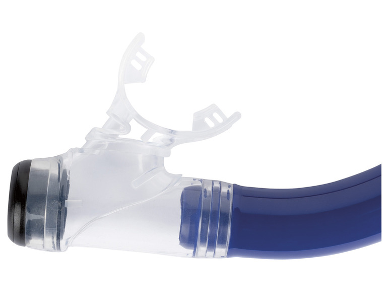 Ein blauer Schnorchel mit einem transparenten Mundstück.