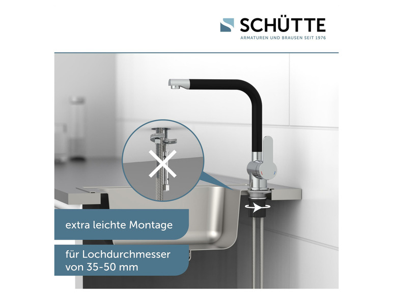 Ein schwarzer Schütte-Wasserhahn mit einfacher Montage für ein Spülbecken mit einem Loch von 35-50 mm.