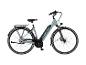 Hellgraues City-E-Bike mit Gepäckträger und Schutzblechen.