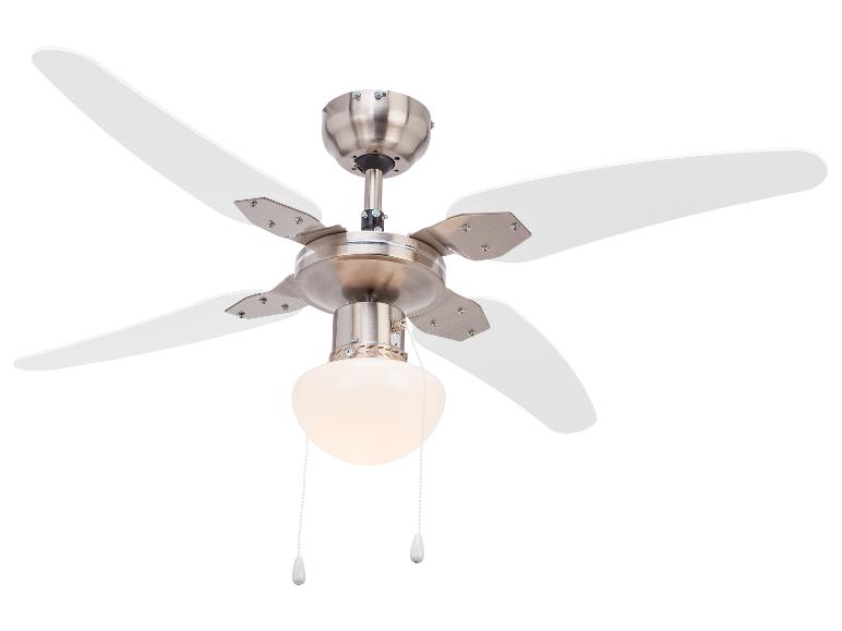Deckenventilator mit fünf weißen Flügeln und integriertem Licht.