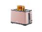 Rosa Toaster mit zwei Scheiben Toastbrot, auf weißem Hintergrund.