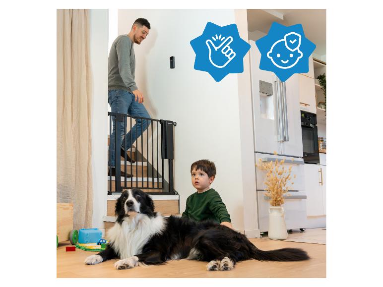 Mann auf Treppe, Babygitter, Kind und Hund im Wohnzimmer, mit Kühlschrank in der Küche.