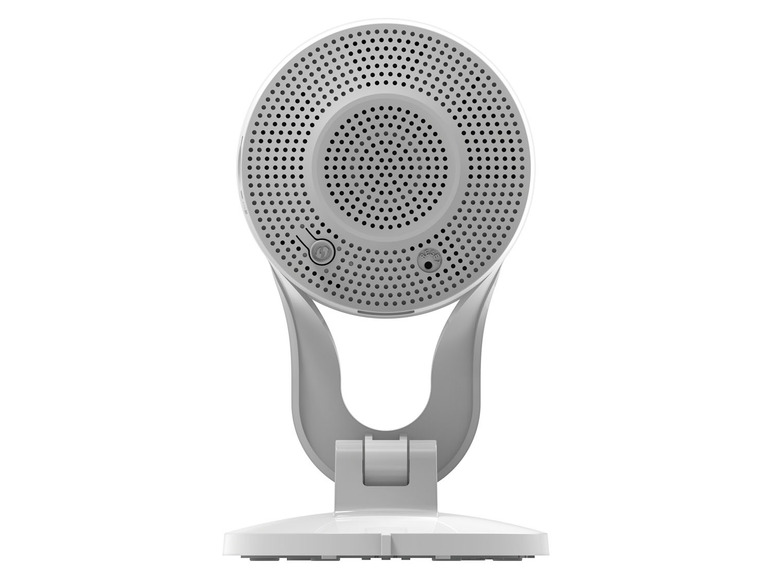 Eine weiße Sicherheitskamera mit einem runden Objektiv und einem drehbaren Sockel.