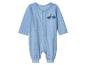 Blauer Baby-Strampler mit Dinosaurier-Print und Druckknopfverschluss.
