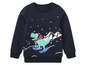 Ein dunkelblauer Pullover mit Weihnachtsmotiv und einem Dinosaurier-Print